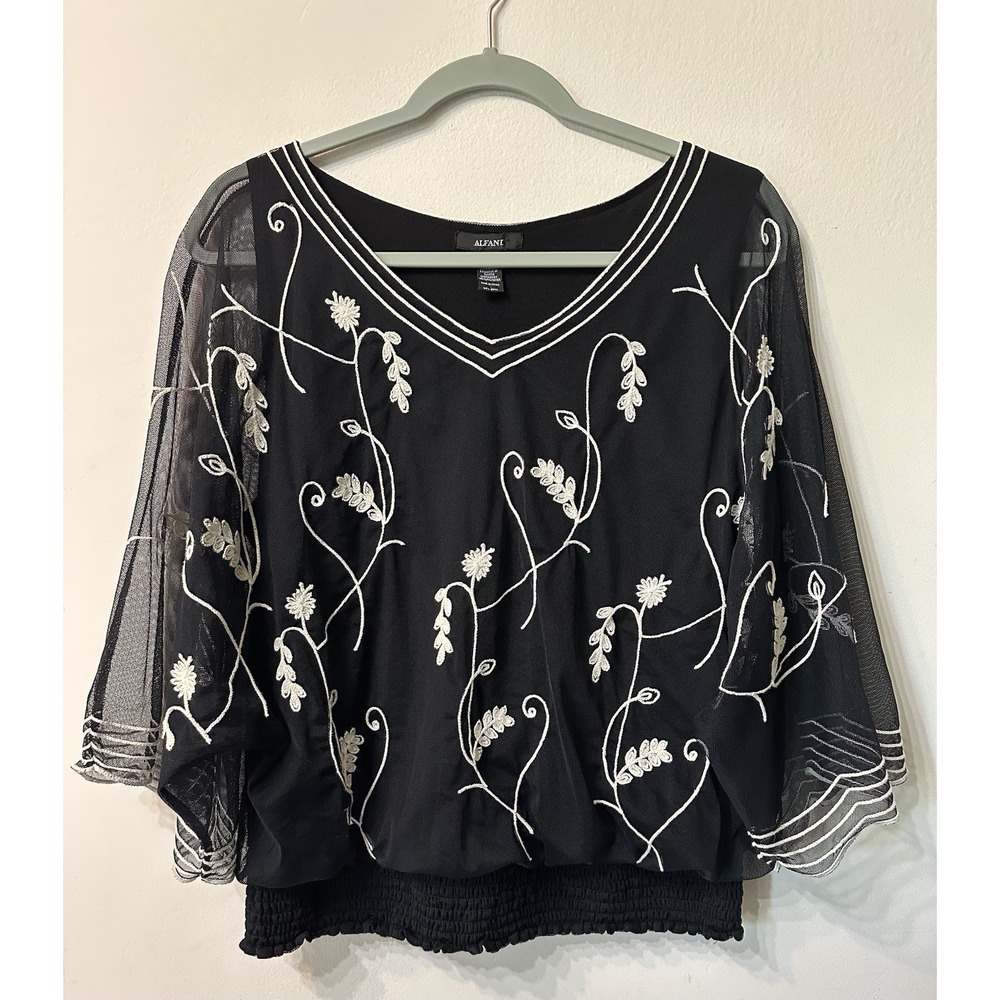 Alfani Womens L Black Mesh Floral Embroidered Blouse V-neck Smocked Hem Top Shee